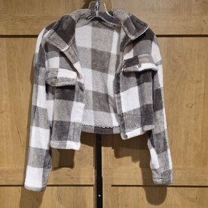 (J52) SHEIN Gray and White Plaid Teddy Jacket Sz XS